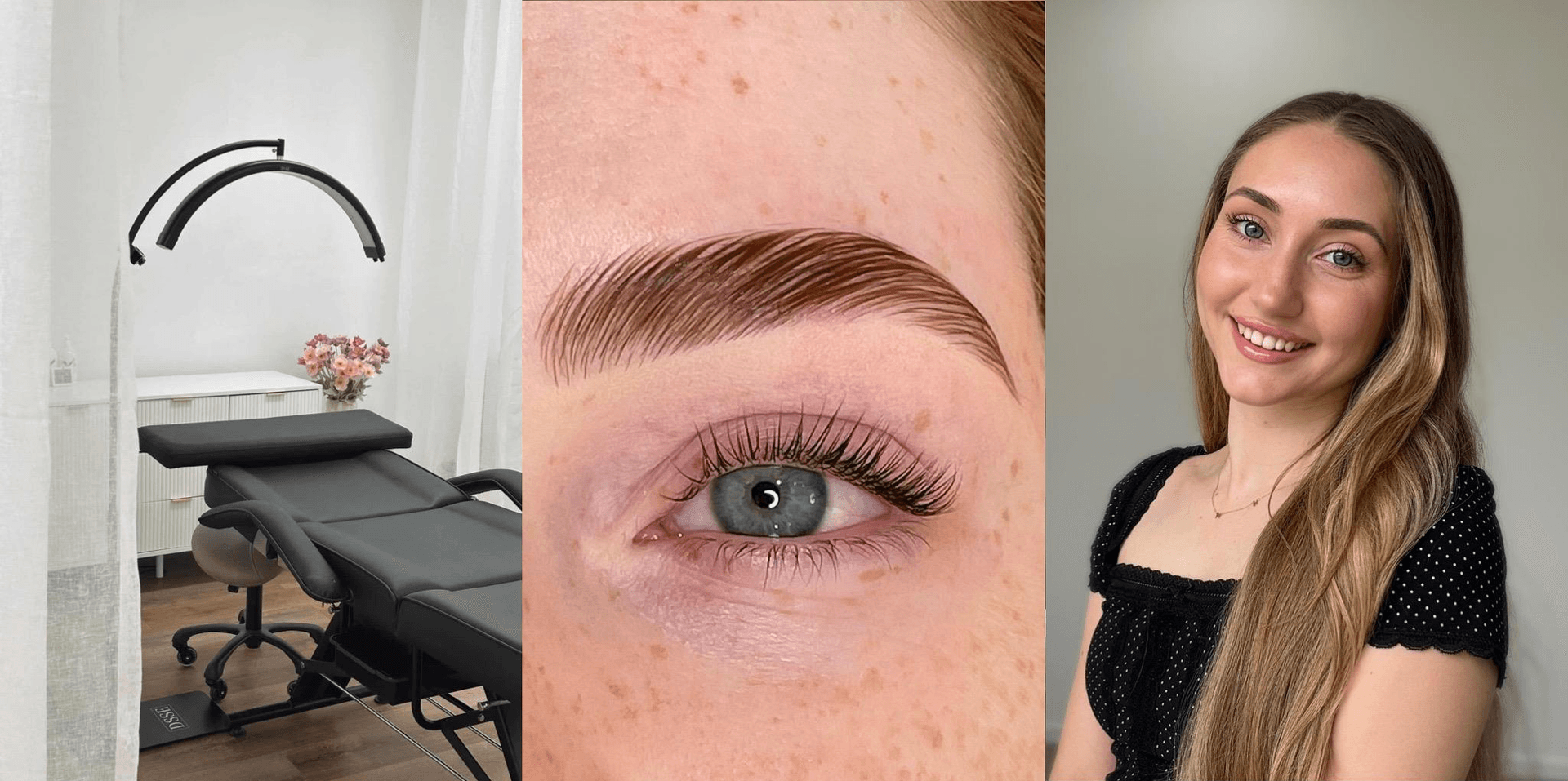 A 3 split banner showing the practice chair in a warm and inviting environment, a fresh brow and lash treatment, and a photo of the founder, Tegan